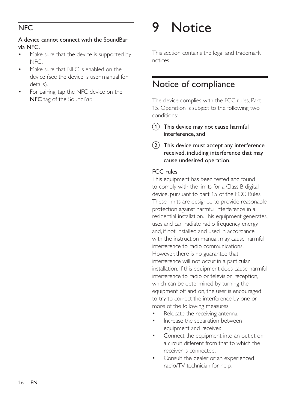 9 notice, Notice of compliance | Philips HTL3110B-F7 User Manual | Page 18 / 22