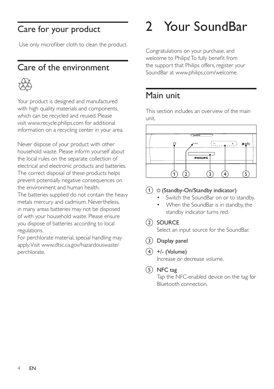 Care for your product, Care of the environment, 2 your soundbar | Main unit | Philips HTL3110B-F7 User Manual | Page 6 / 22