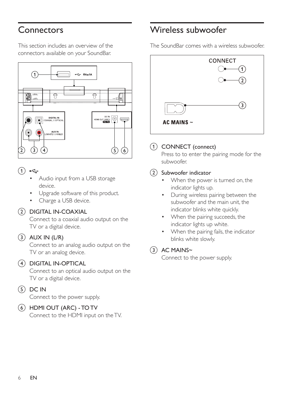 Connectors, Wireless subwoofer | Philips HTL3110B-F7 User Manual | Page 8 / 22