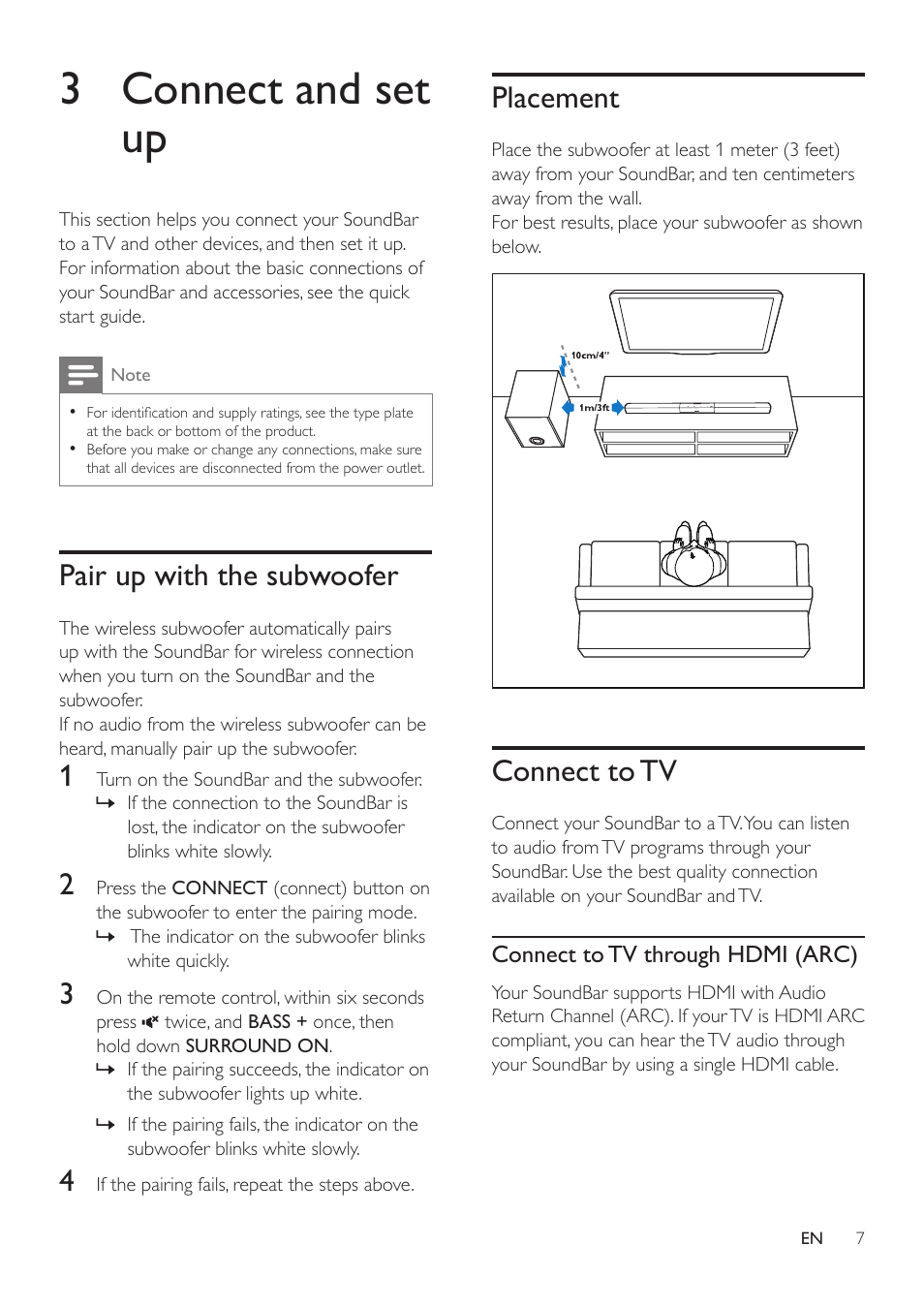 3 connect and set up, Pair up with the subwoofer, Placement | Connect to tv | Philips HTL3110B-F7 User Manual | Page 9 / 22