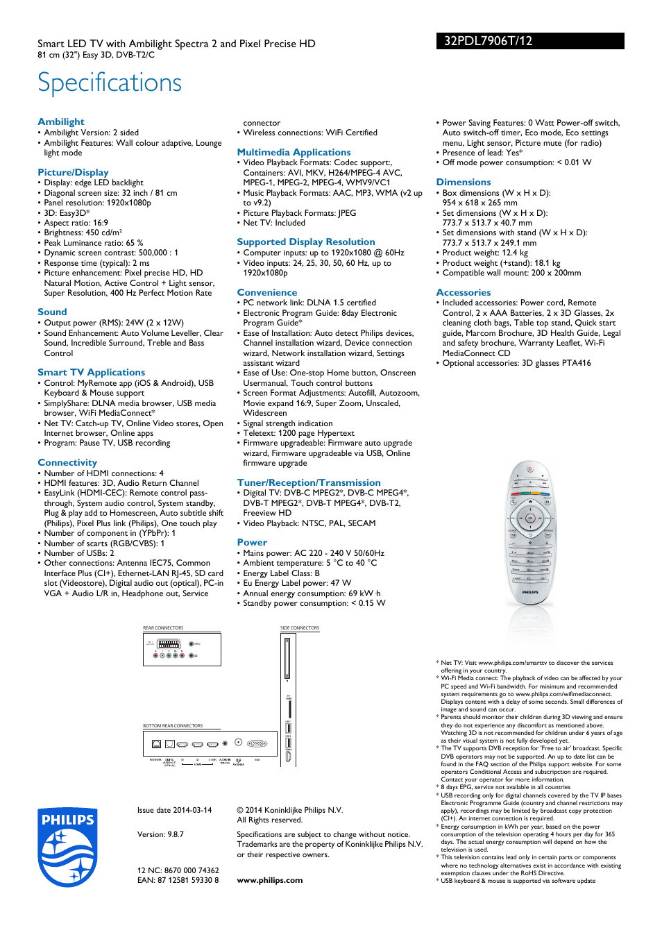 Specifications | Philips 32PDL7906T-12 User Manual | Page 3 / 3