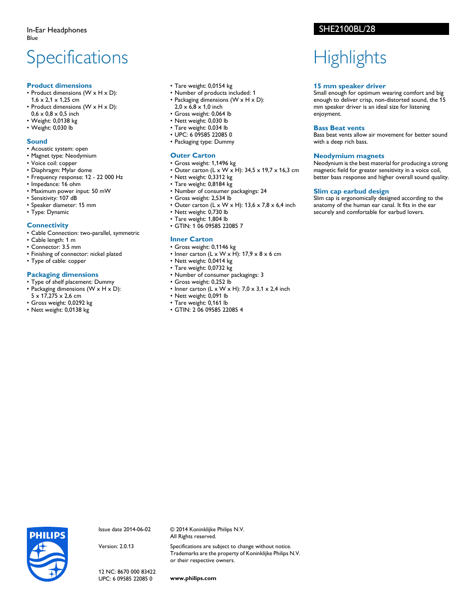 Specifications, Highlights | Philips SHE2100BL-28 User Manual | Page 2 / 2