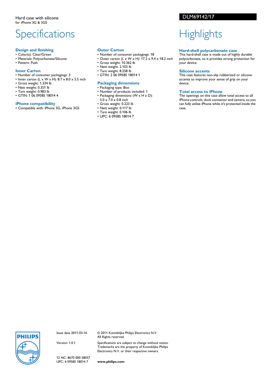 Specifications, Highlights | Philips DLM69142-17 User Manual | Page 2 / 2