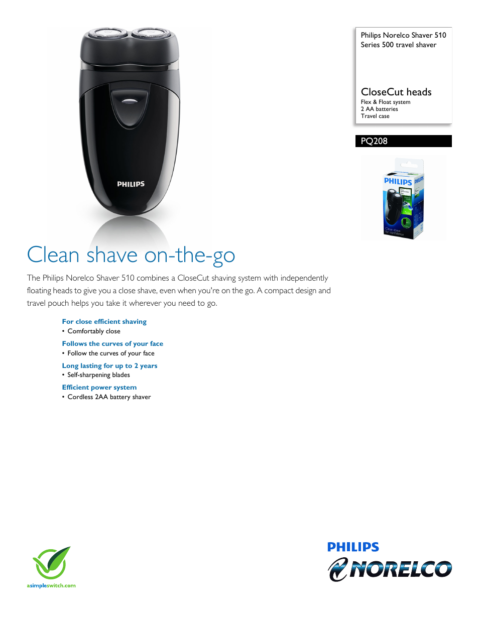 Philips Norelco Shaver 510 Series 500 travel shaver PQ208 CloseCut heads Flex & Float system 2 AA batteries Travel case User Manual | 2 pages