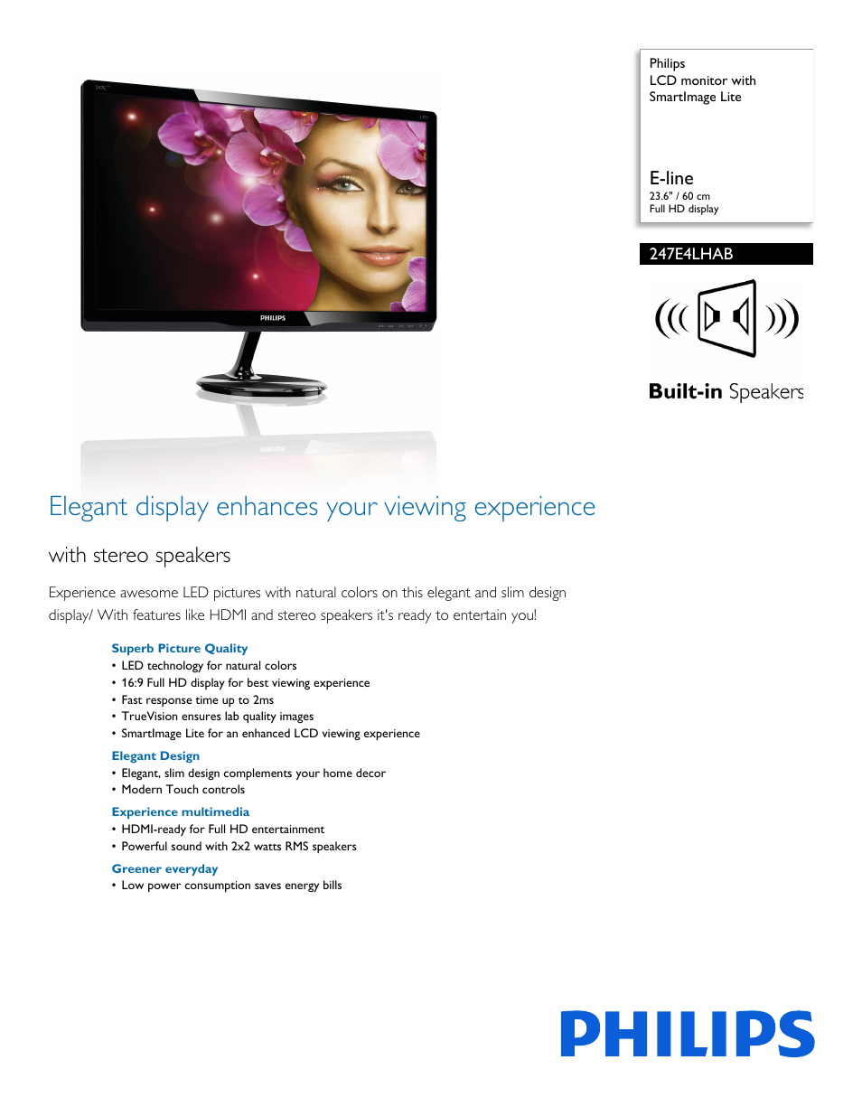Philips LCD monitor 247E4LHAB E-line 23.6" - 60 cm Full HD display with SmartImage Lite User Manual | 3 pages