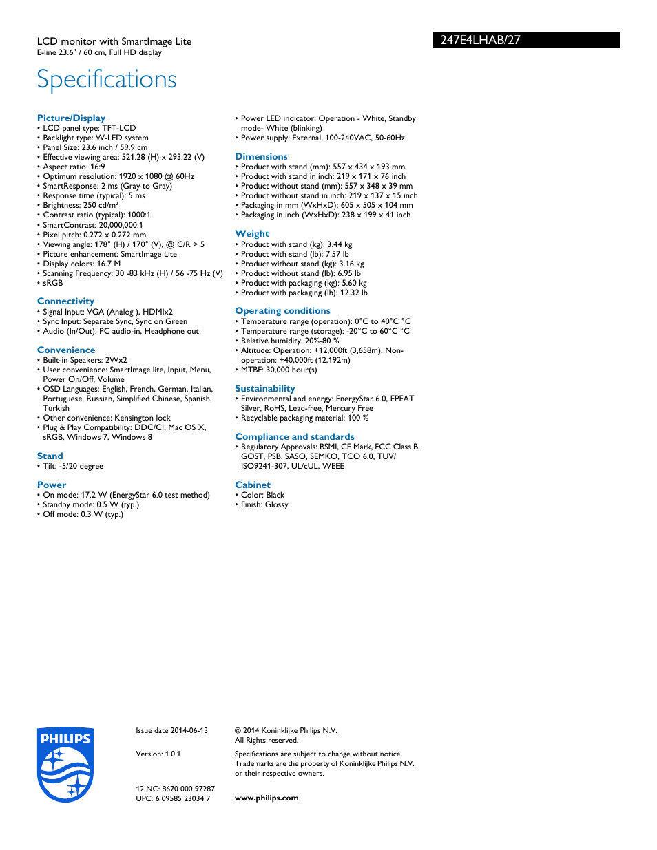 Specifications | Philips LCD monitor 247E4LHAB E-line 23.6" - 60 cm Full HD display with SmartImage Lite User Manual | Page 3 / 3