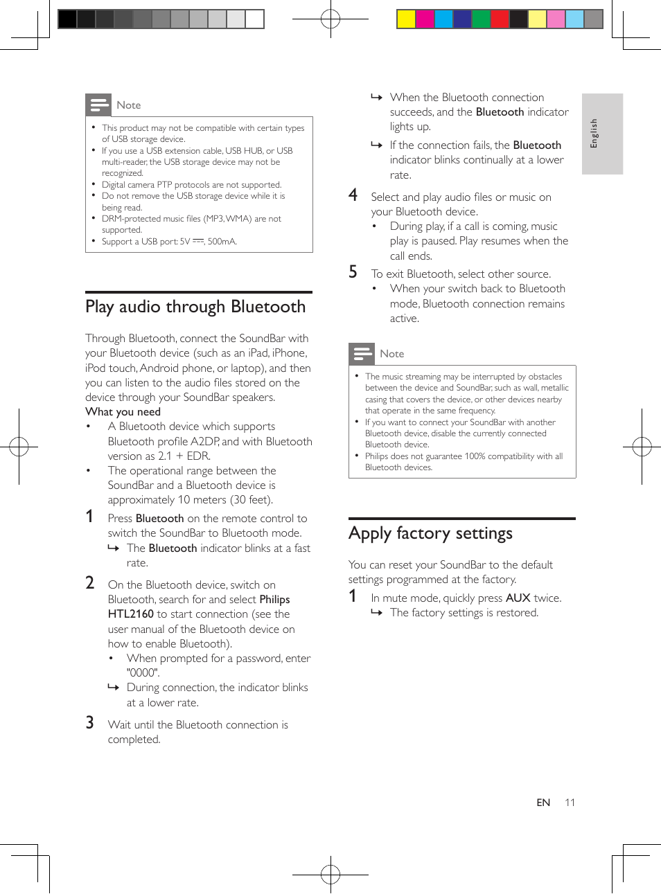 Play audio through bluetooth, Apply factory settings | Philips HTL2160-F7 User Manual | Page 10 / 16