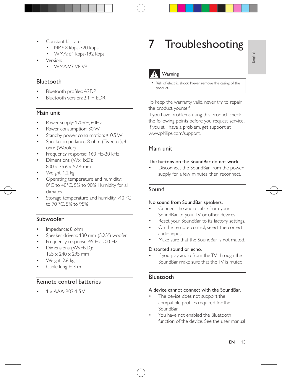 7 troubleshooting, Bluetooth, Main unit | Subwoofer, Remote control batteries, Sound | Philips HTL2160-F7 User Manual | Page 12 / 16