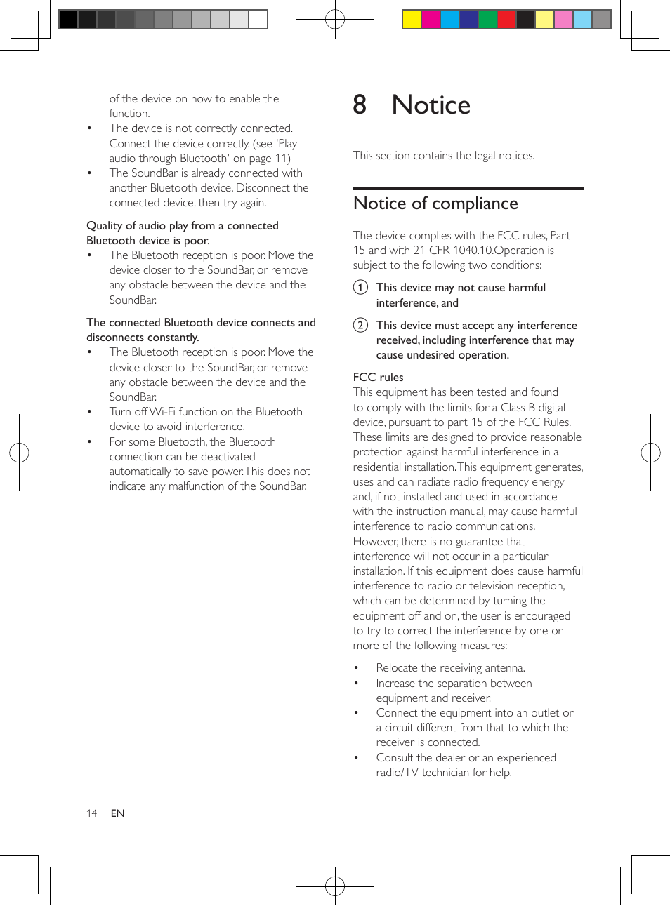 8 notice, Notice of compliance | Philips HTL2160-F7 User Manual | Page 13 / 16