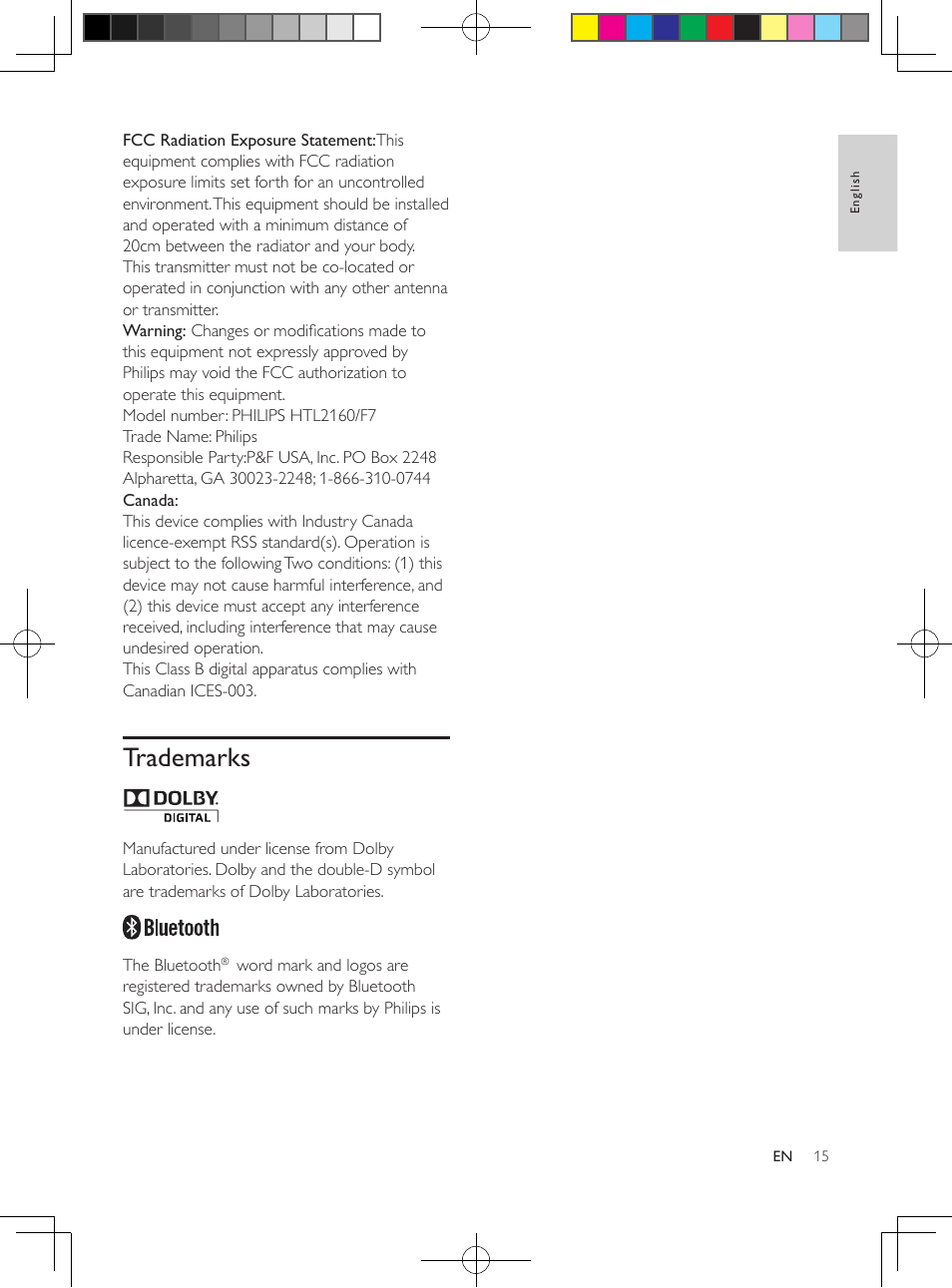 Trademarks | Philips HTL2160-F7 User Manual | Page 14 / 16