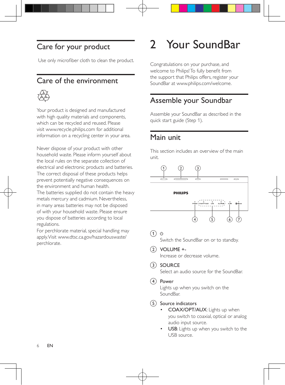 Care for your product, Care of the environment, 2 your soundbar | Assemble your soundbar, Main unit | Philips HTL2160-F7 User Manual | Page 5 / 16