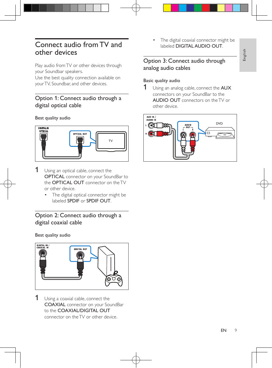 Connect audio from tv and other devices, Connect audio from tv and other, Devices | Philips HTL2160-F7 User Manual | Page 8 / 16