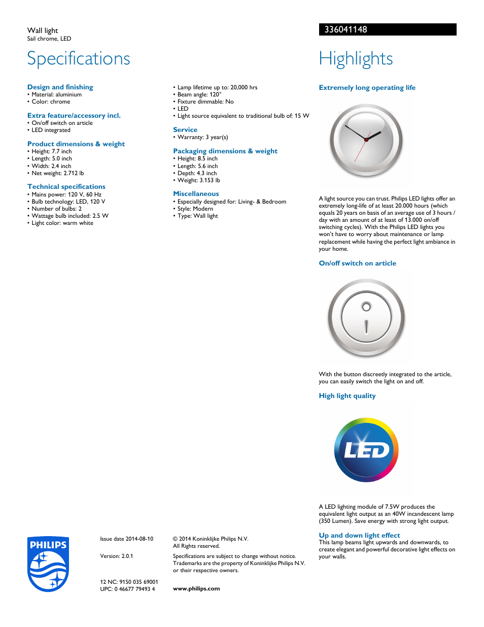 Specifications, Highlights | Philips 336041148 User Manual | Page 2 / 2