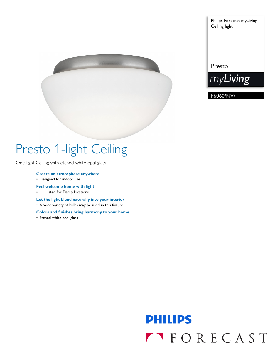 Philips Forecast myLiving Ceiling light F6060-NV- Presto User Manual | 2 pages