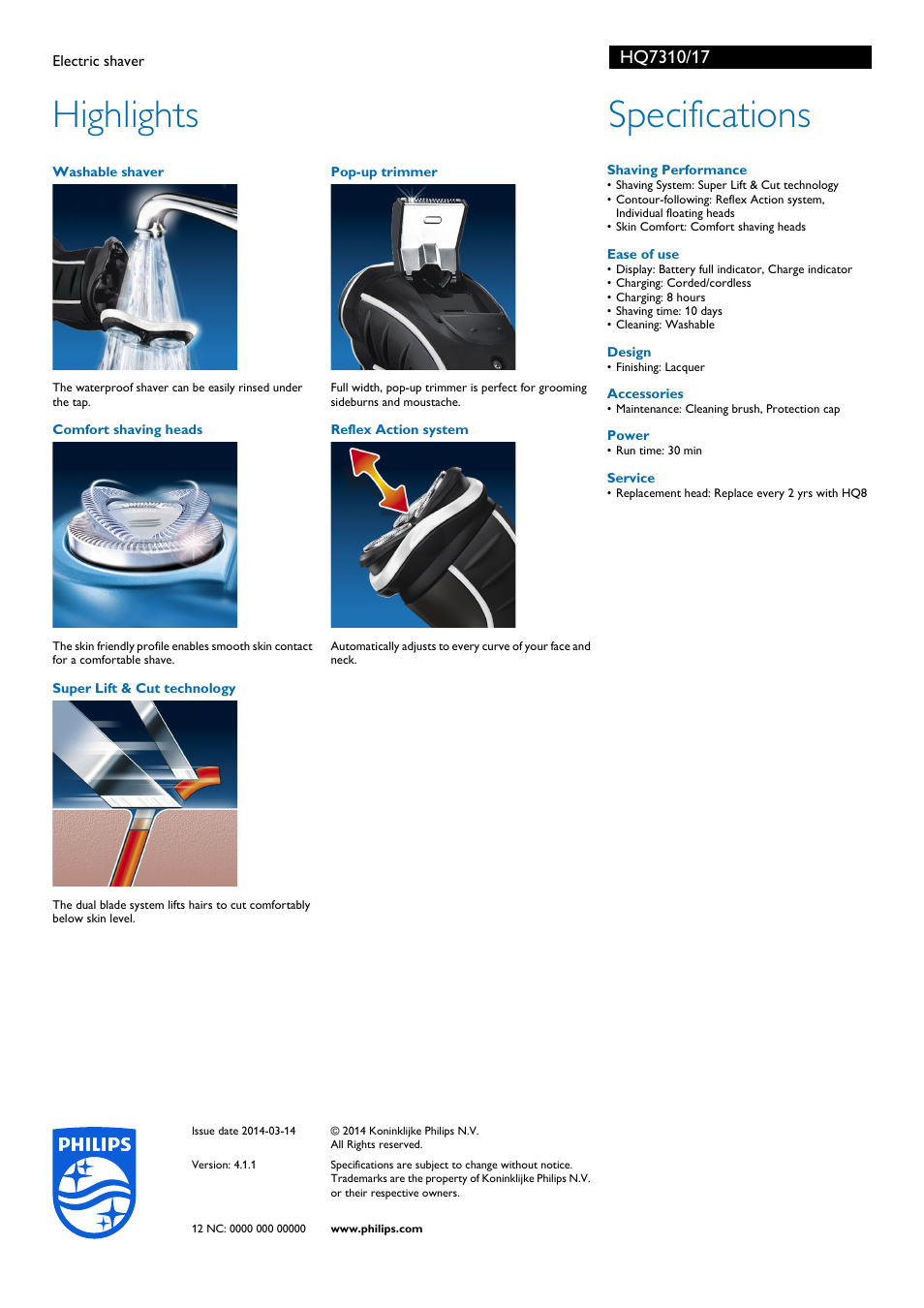 Highlights, Specifications | Philips HQ7310-17 User Manual | Page 2 / 2