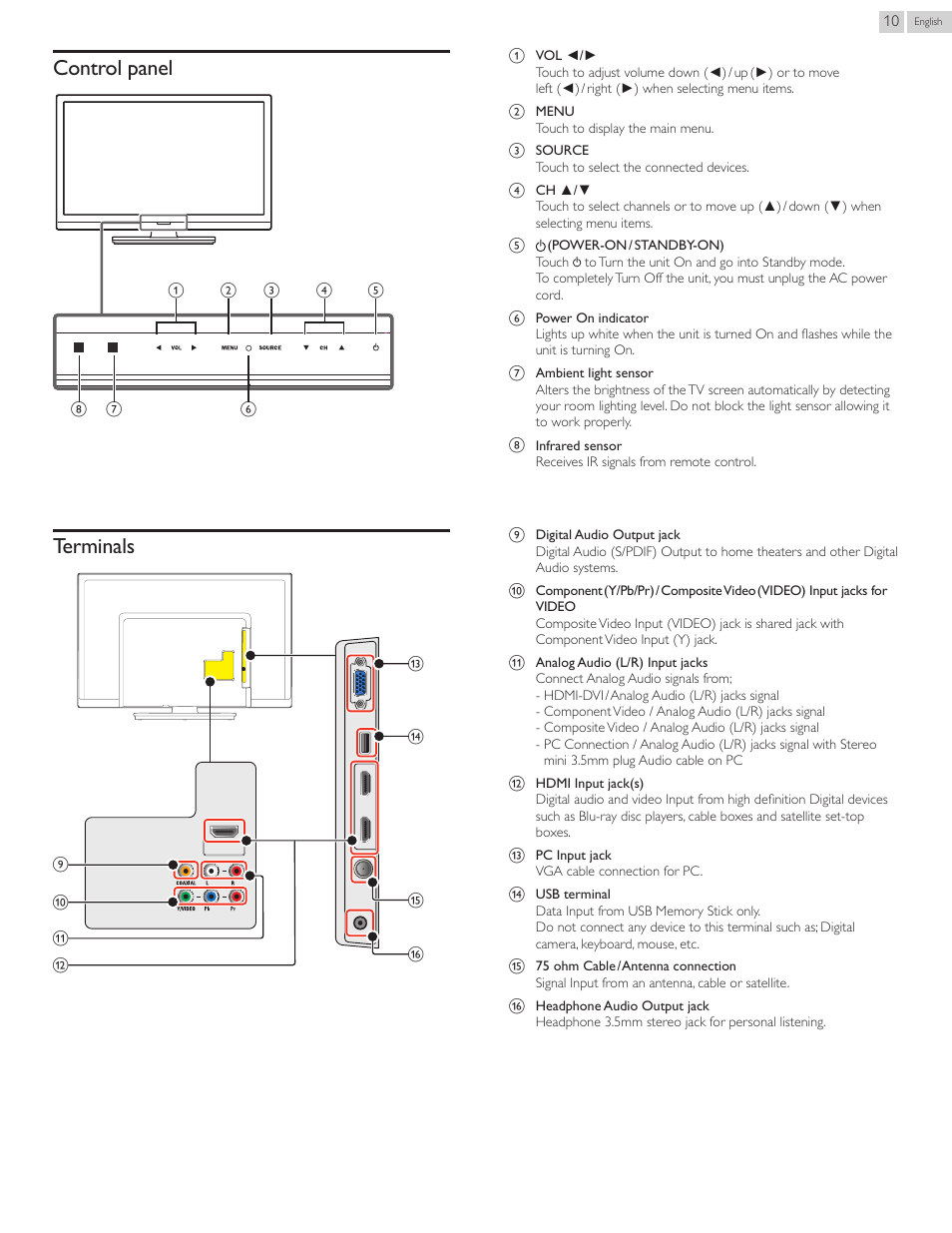 Control panel, Terminals | Philips 50PFL3707-F7 User Manual | Page 10 / 38