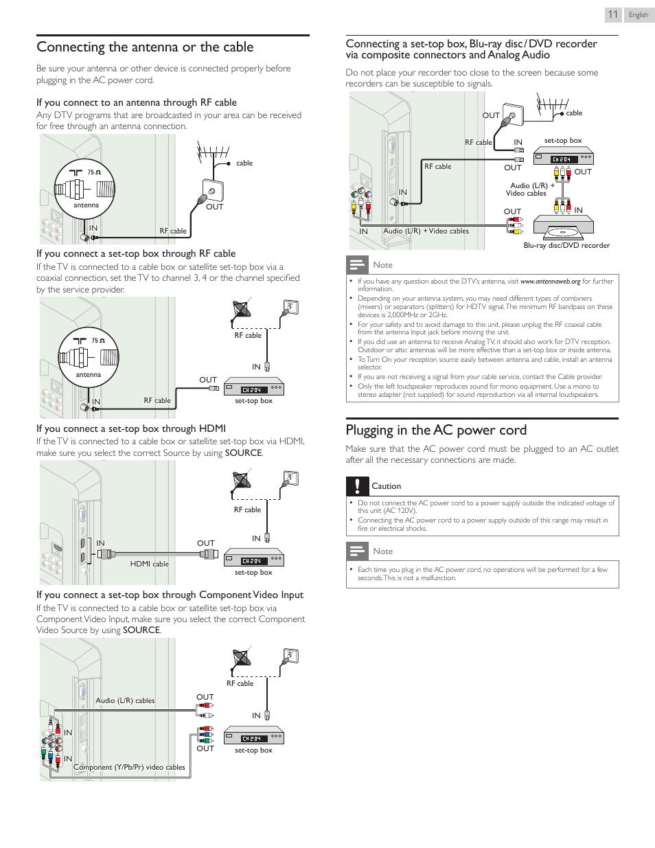 Connecting the antenna or the cable, Plugging in the ac power cord | Philips 50PFL3707-F7 User Manual | Page 11 / 38