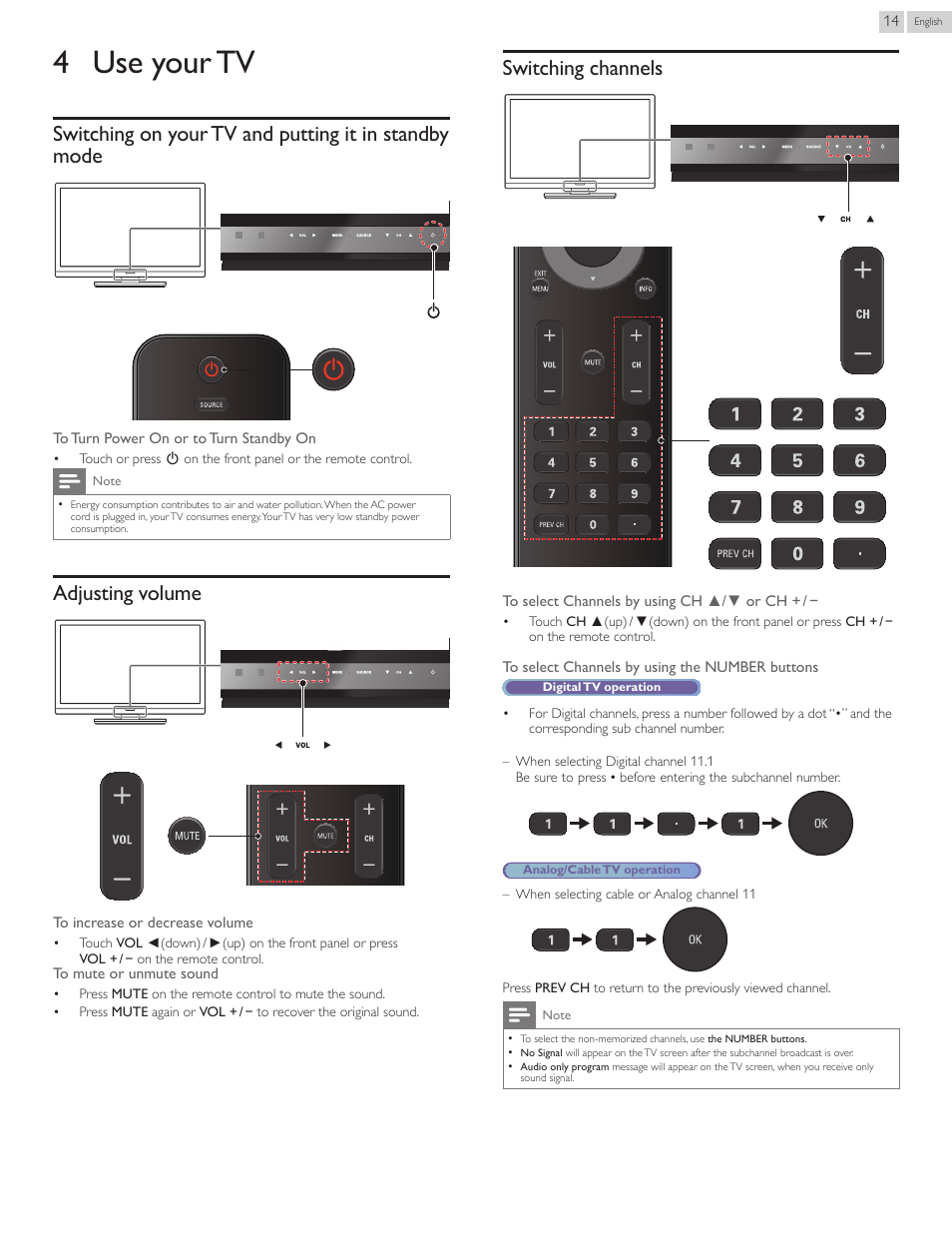 4 use your tv, Adjusting volume, Switching channels | Philips 50PFL3707-F7 User Manual | Page 14 / 38