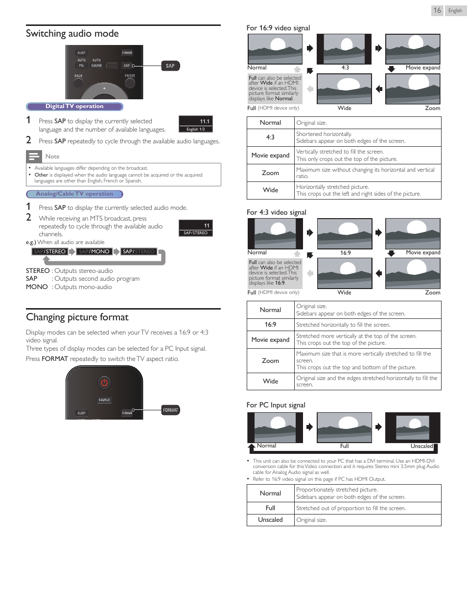 Switching audio mode, Changing picture format | Philips 50PFL3707-F7 User Manual | Page 16 / 38