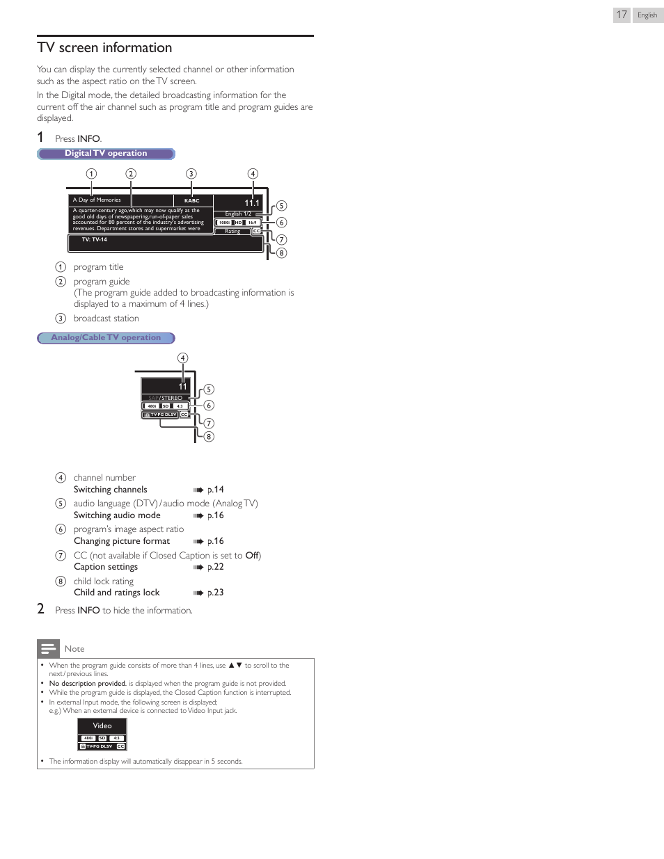 Tv screen information | Philips 50PFL3707-F7 User Manual | Page 17 / 38
