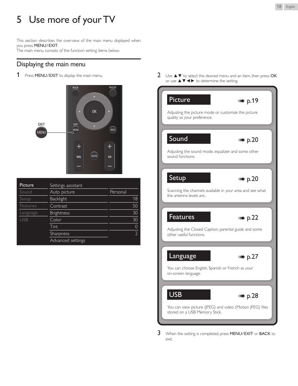 5 use more of your tv, Displaying the main menu, Picture | Sound, Setup, Features, Language | Philips 50PFL3707-F7 User Manual | Page 18 / 38