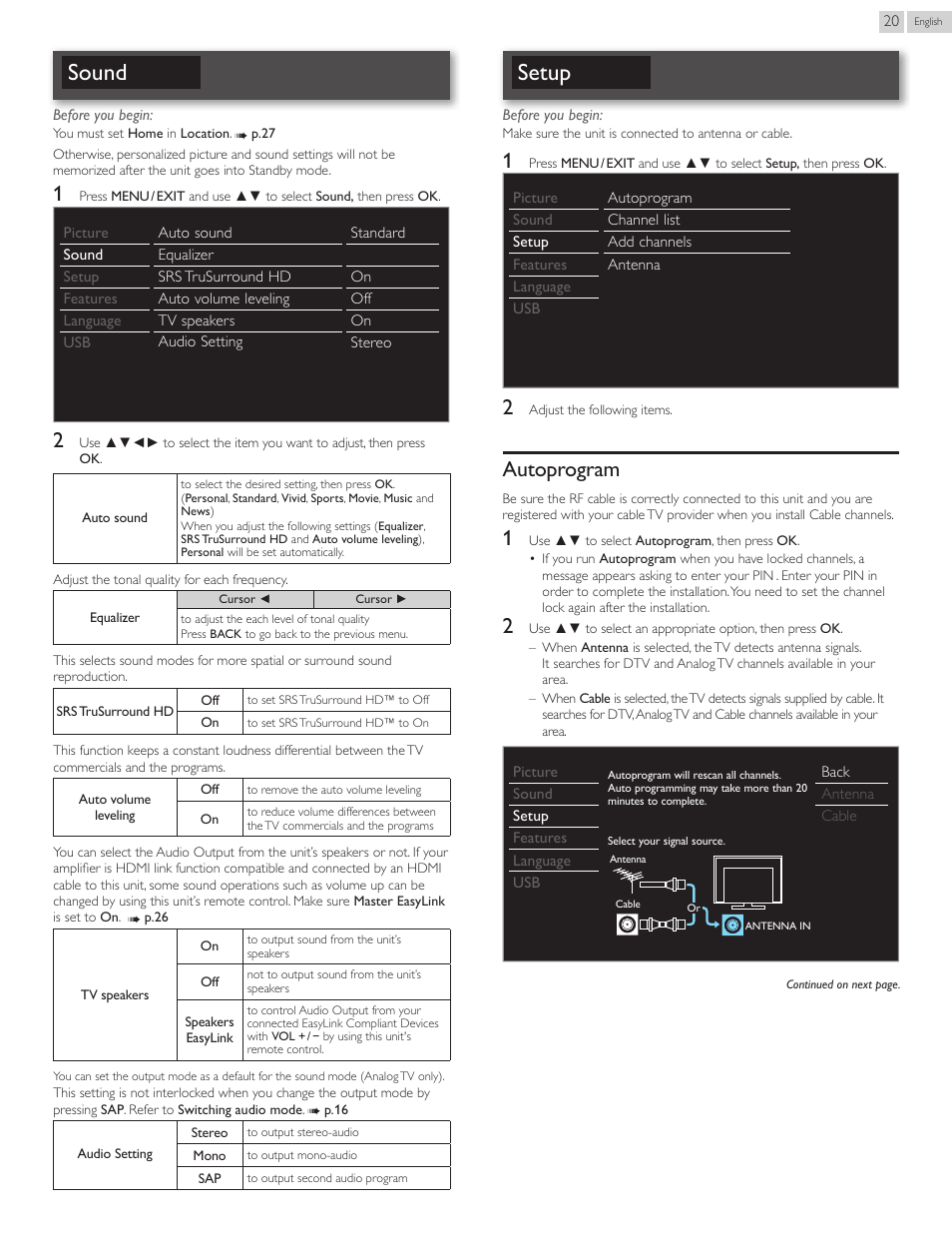 Sound, Setup, Autoprogram | Philips 50PFL3707-F7 User Manual | Page 20 / 38