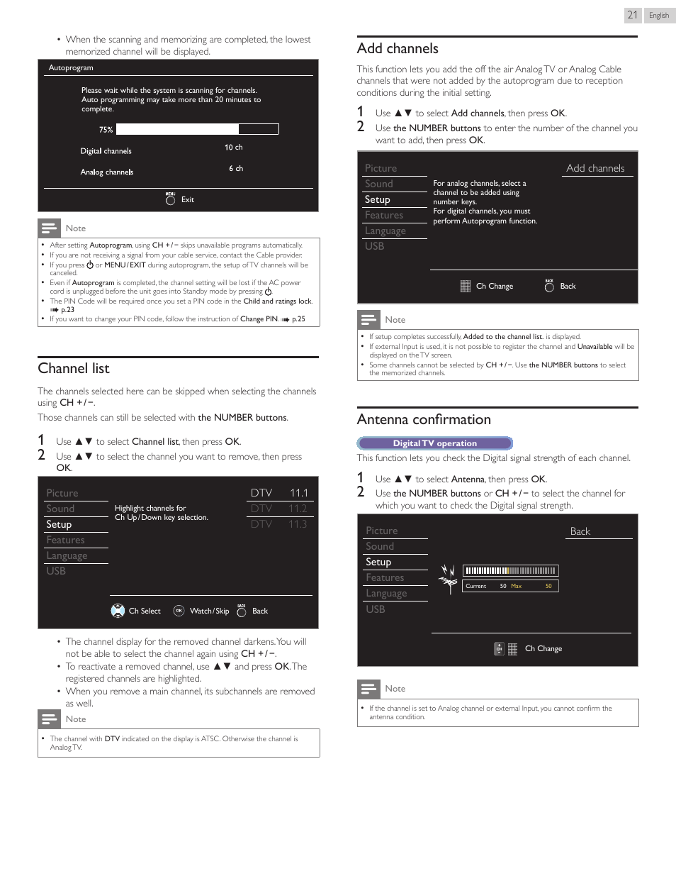 Channel list, Add channels, Antenna confirmation | Philips 50PFL3707-F7 User Manual | Page 21 / 38
