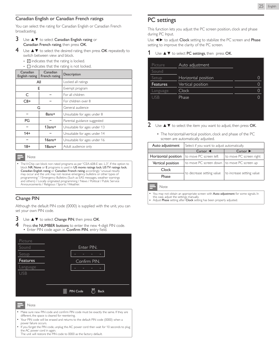 Pc settings, Canadian english or canadian french ratings, Change pin | Philips 50PFL3707-F7 User Manual | Page 25 / 38