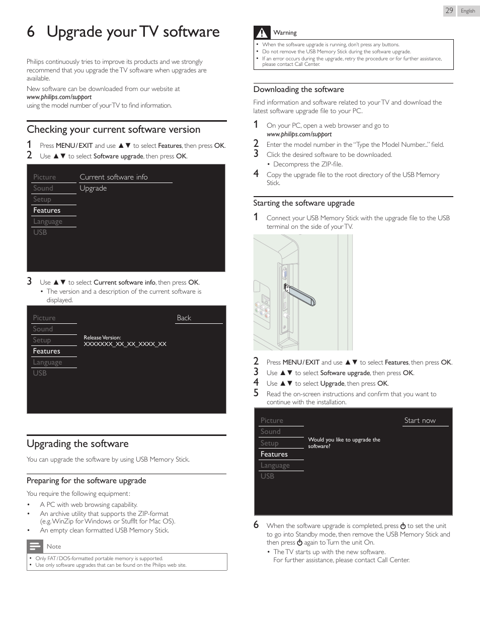 6 upgrade your tv software, Checking your current software version, Upgrading the software | Checking your current software version 1 | Philips 50PFL3707-F7 User Manual | Page 29 / 38