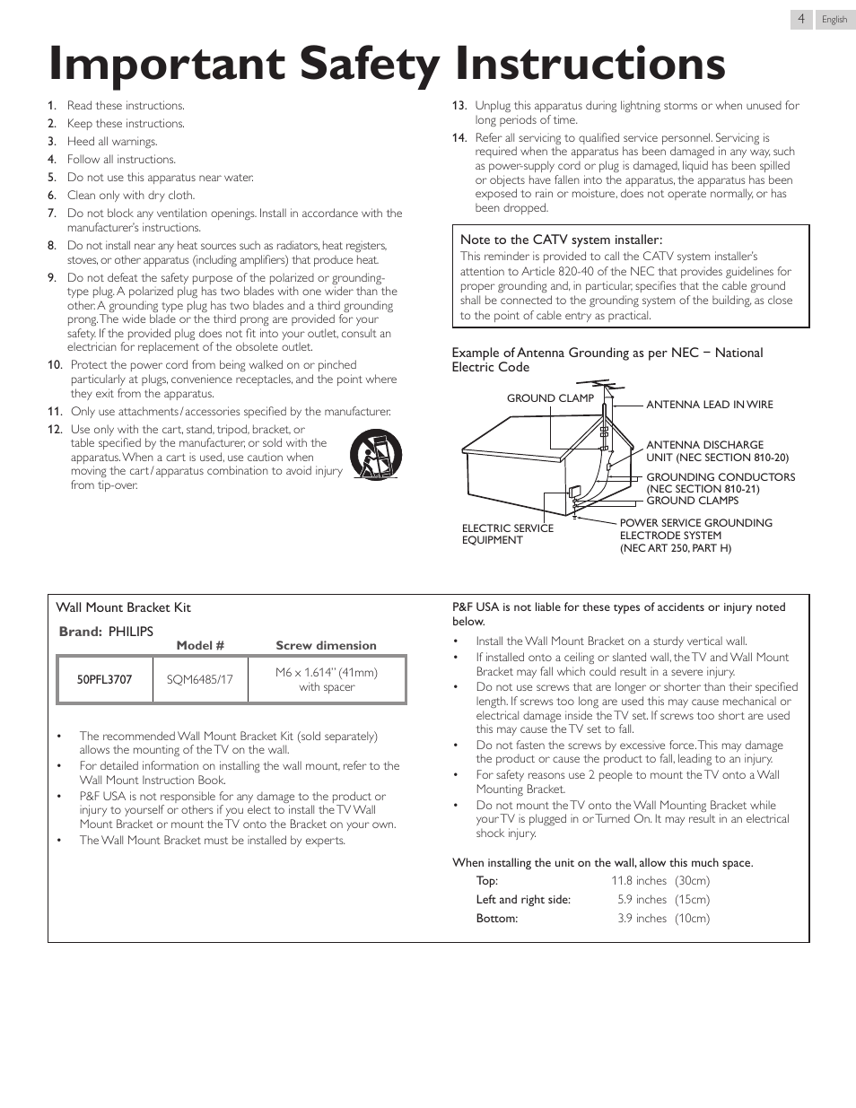 Important safety instructions | Philips 50PFL3707-F7 User Manual | Page 4 / 38