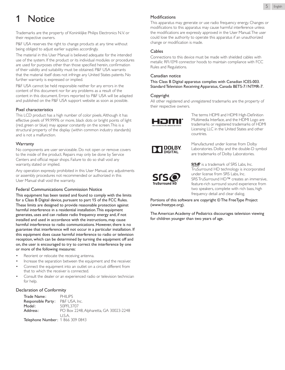 1 notice | Philips 50PFL3707-F7 User Manual | Page 5 / 38