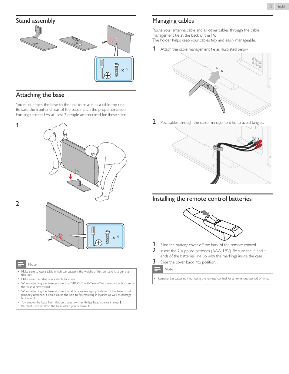 Stand assembly, Attaching the base, Managing cables | Installing the remote control batteries, Installing the remote control batteries 1 | Philips 50PFL3707-F7 User Manual | Page 8 / 38