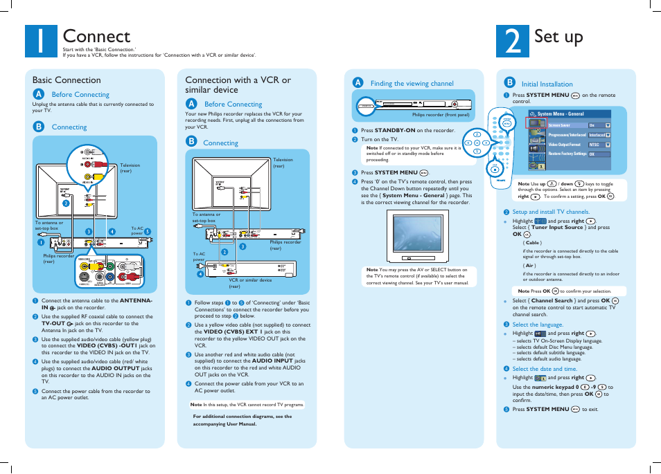Connect, Set up, Basic connection | Connection with a vcr or similar device | Philips DVD Player-Recorder User Manual | Page 2 / 2