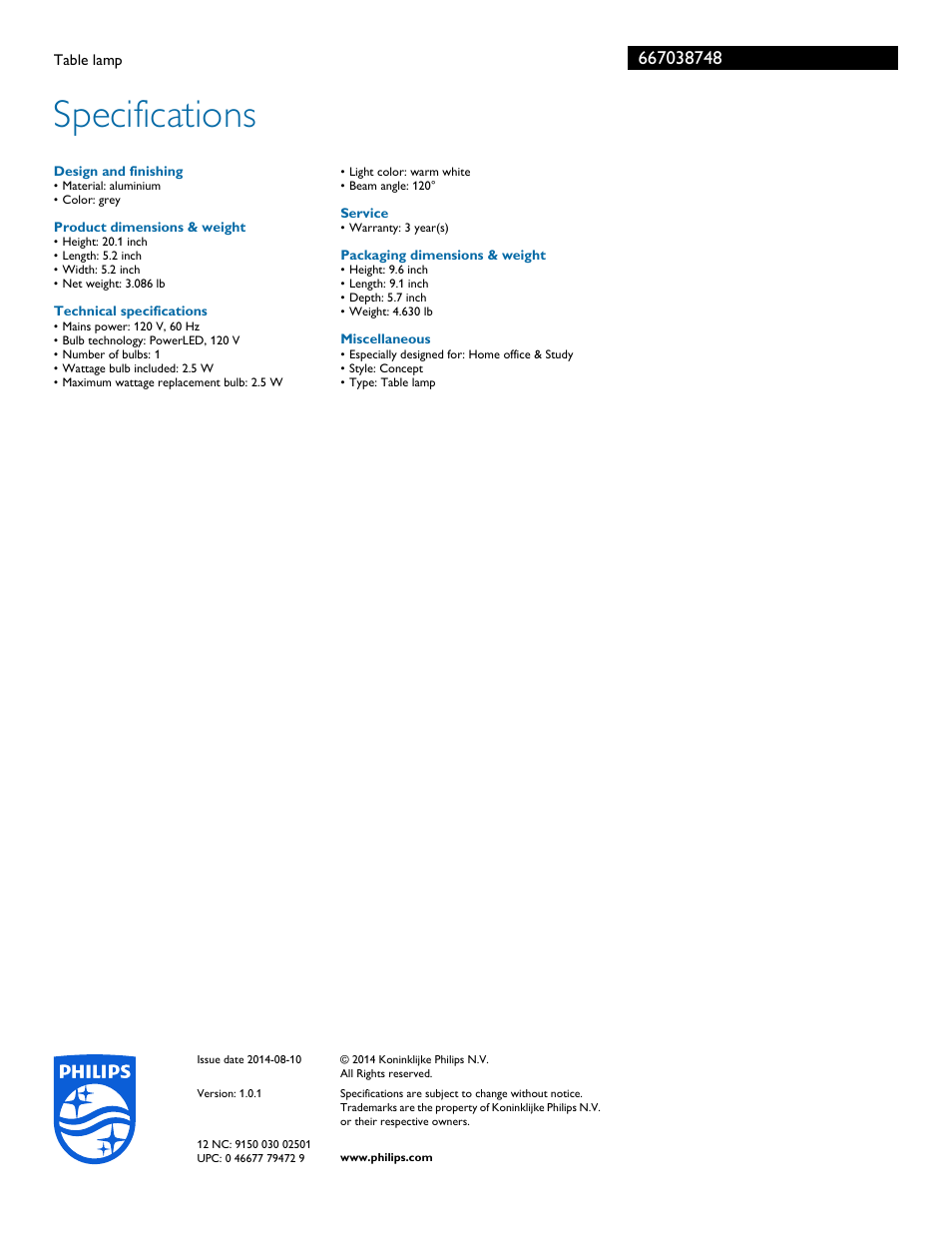 Design and finishing, Product dimensions & weight, Technical specifications | Service, Packaging dimensions & weight, Miscellaneous, Specifications | Philips 667038748 User Manual | Page 2 / 2