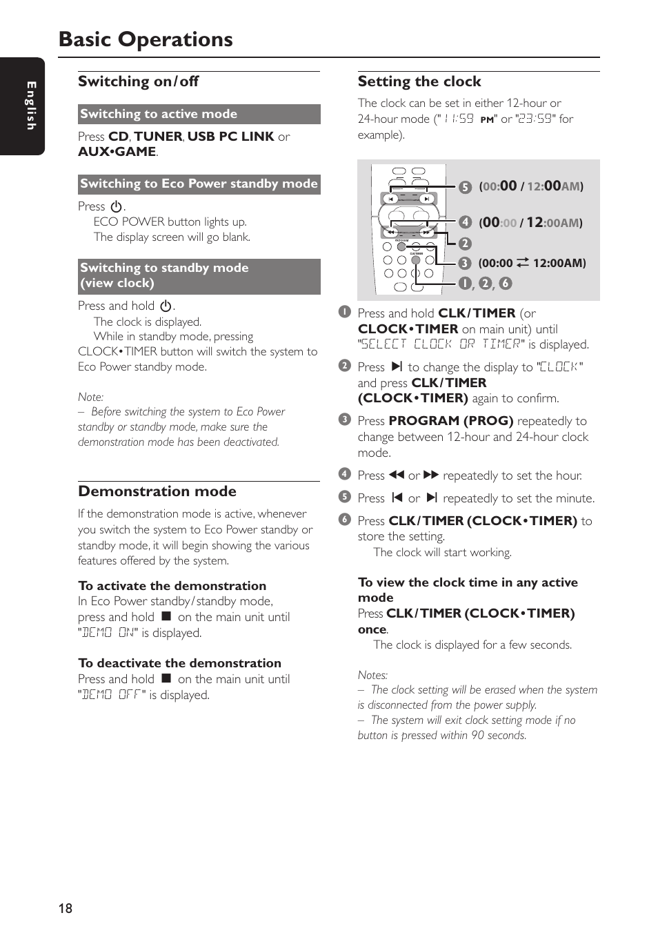 Basic operations, Switching on /off, Demonstration mode | Setting the clock | Philips FW-C777-37 User Manual | Page 18 / 28