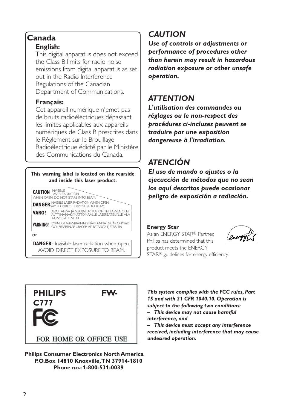Canada, Caution, Attention | Atención, Philips fw- c777, Tested to comply with fcc standards | Philips FW-C777-37 User Manual | Page 2 / 28