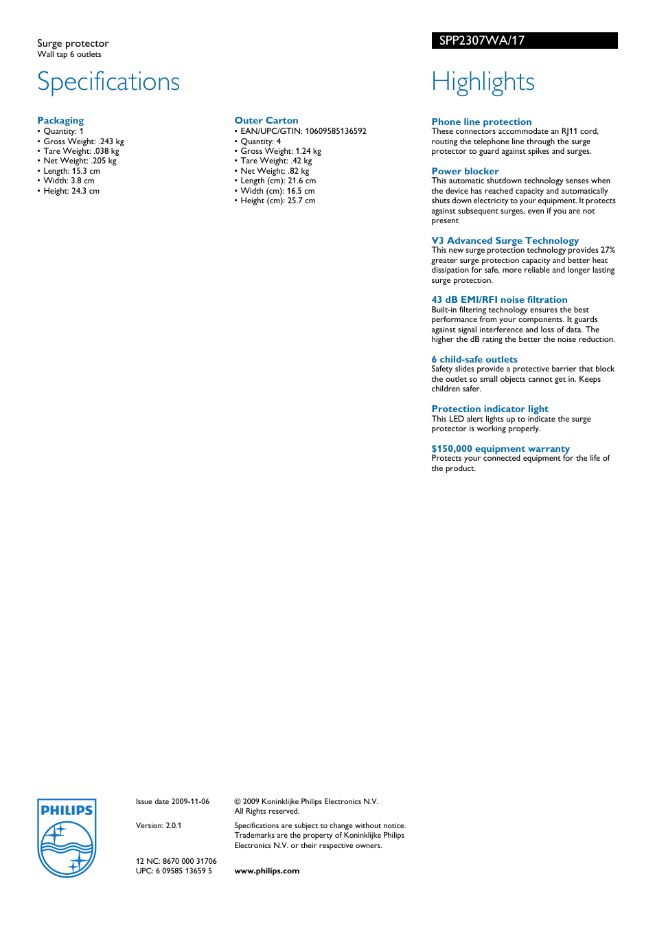 Specifications, Highlights | Philips SPP2307WA-17 User Manual | Page 2 / 2