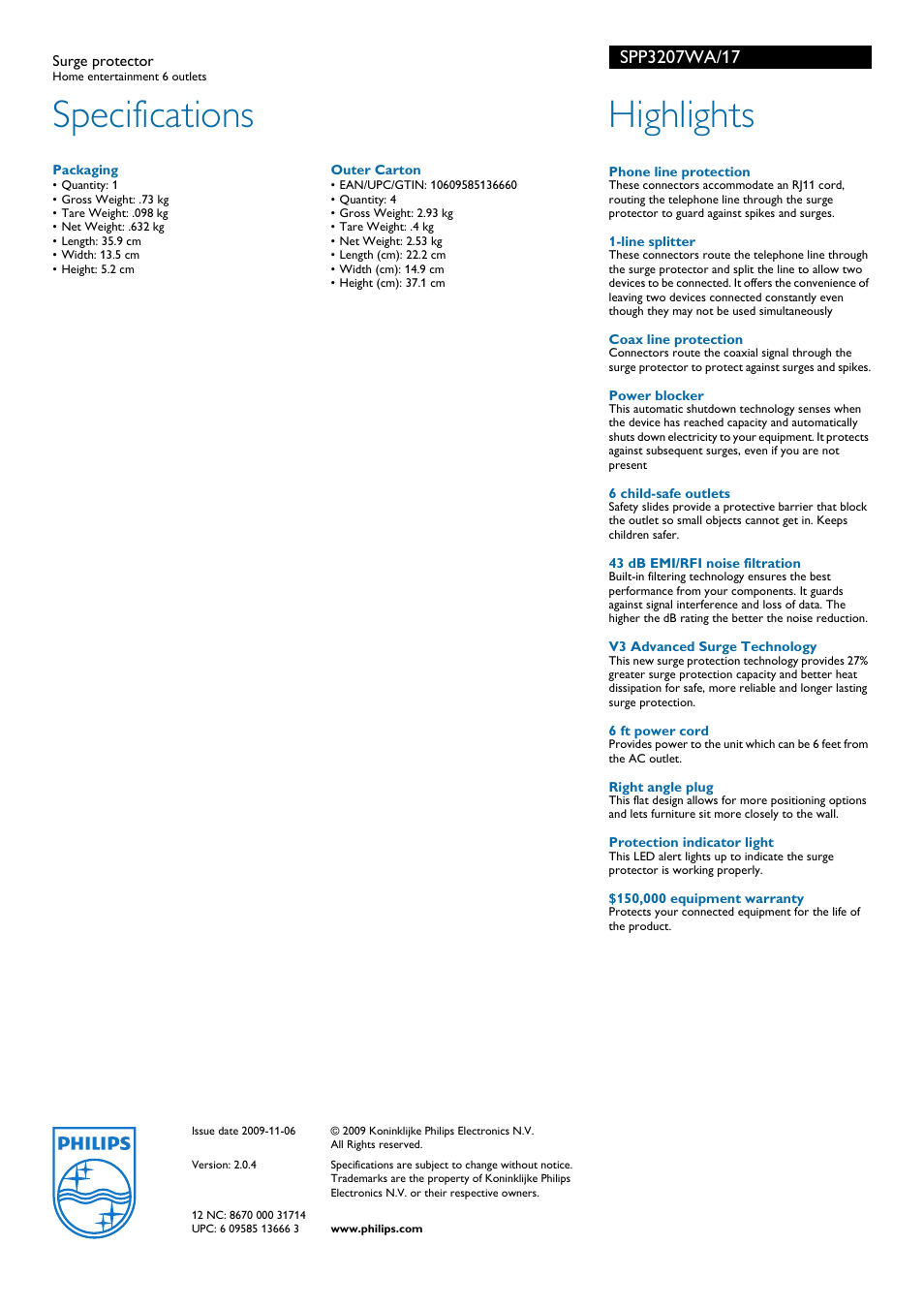 Specifications, Highlights | Philips SPP3207WA-17 User Manual | Page 2 / 2