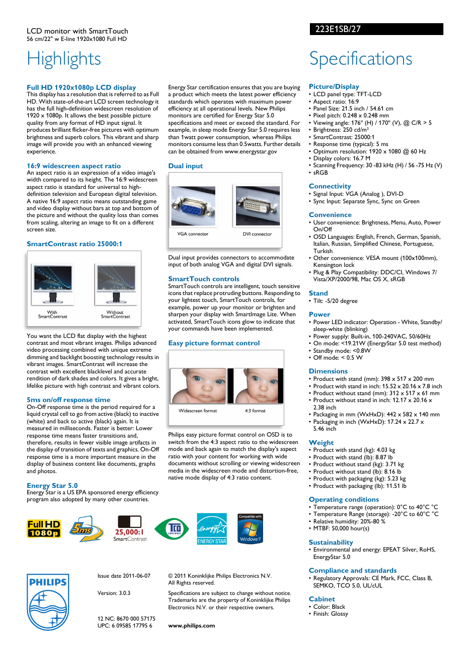 Highlights, Specifications | Philips 223E1SB-27 User Manual | Page 2 / 2