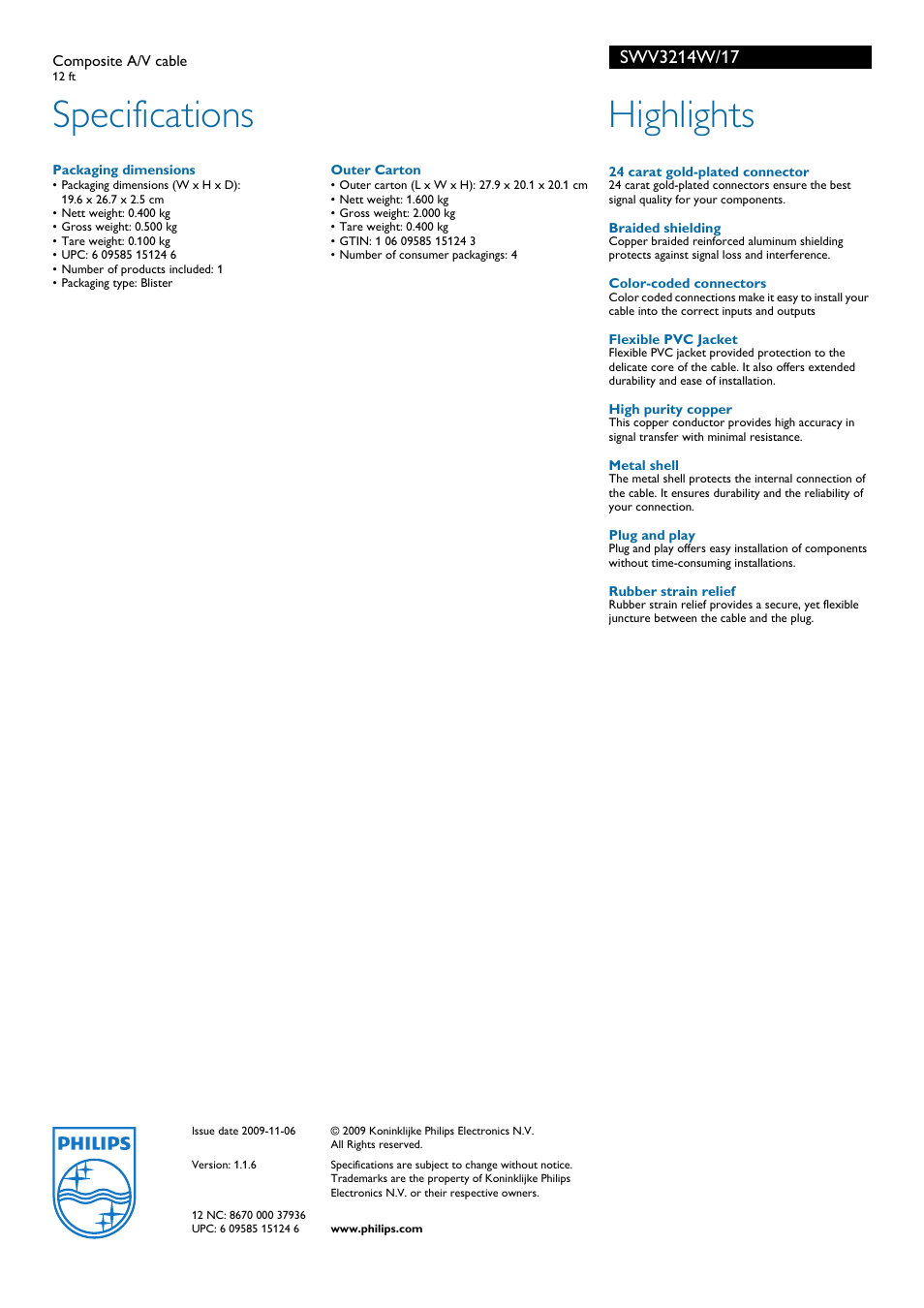 Specifications, Highlights | Philips Composite A-V cable SWV3214W 12 ft User Manual | Page 2 / 2