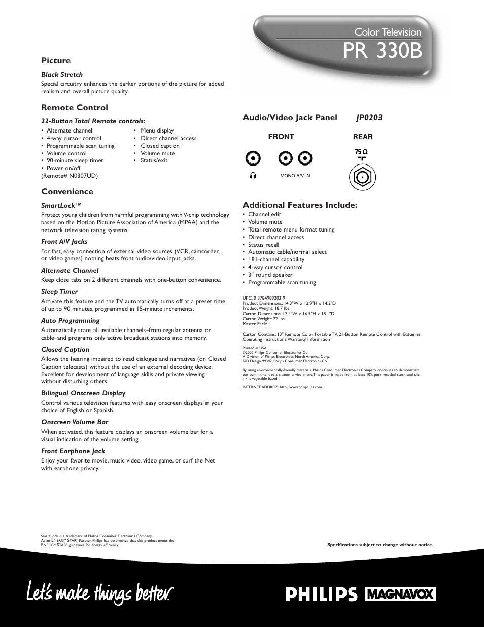 Pr 1 330b, Color television, Picture | Remote control, Convenience | Philips PR1330B User Manual | Page 2 / 2