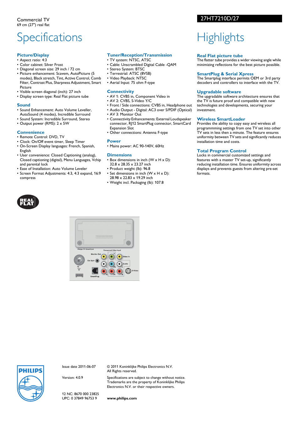 Specifications, Highlights | Philips 27" real flat commercial TV User Manual | Page 2 / 2