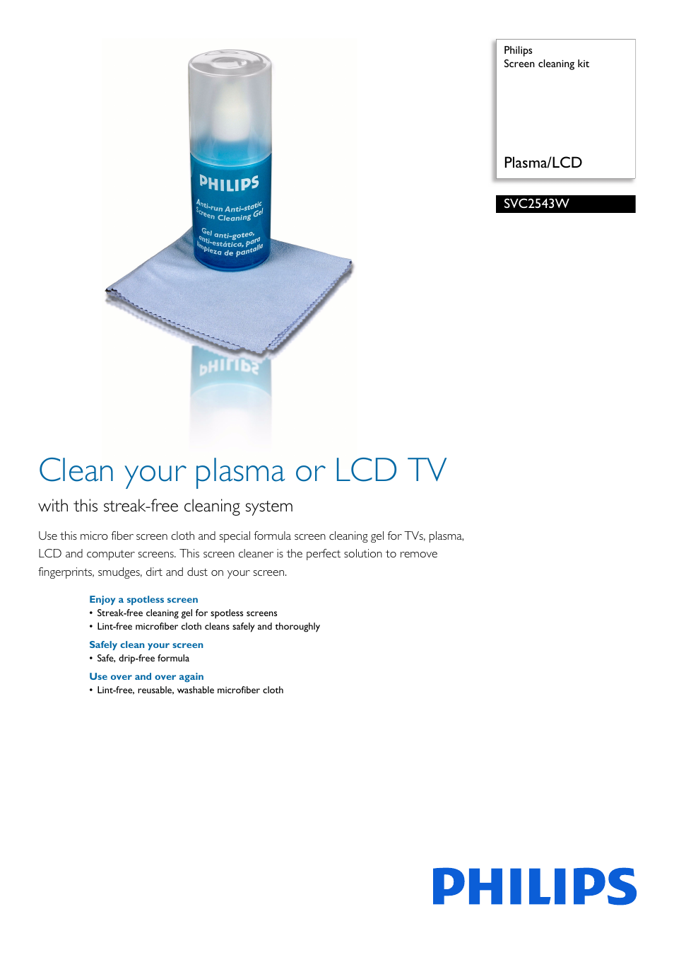 Philips Screen cleaning kit SVC2543W Plasma-LCD User Manual | 2 pages