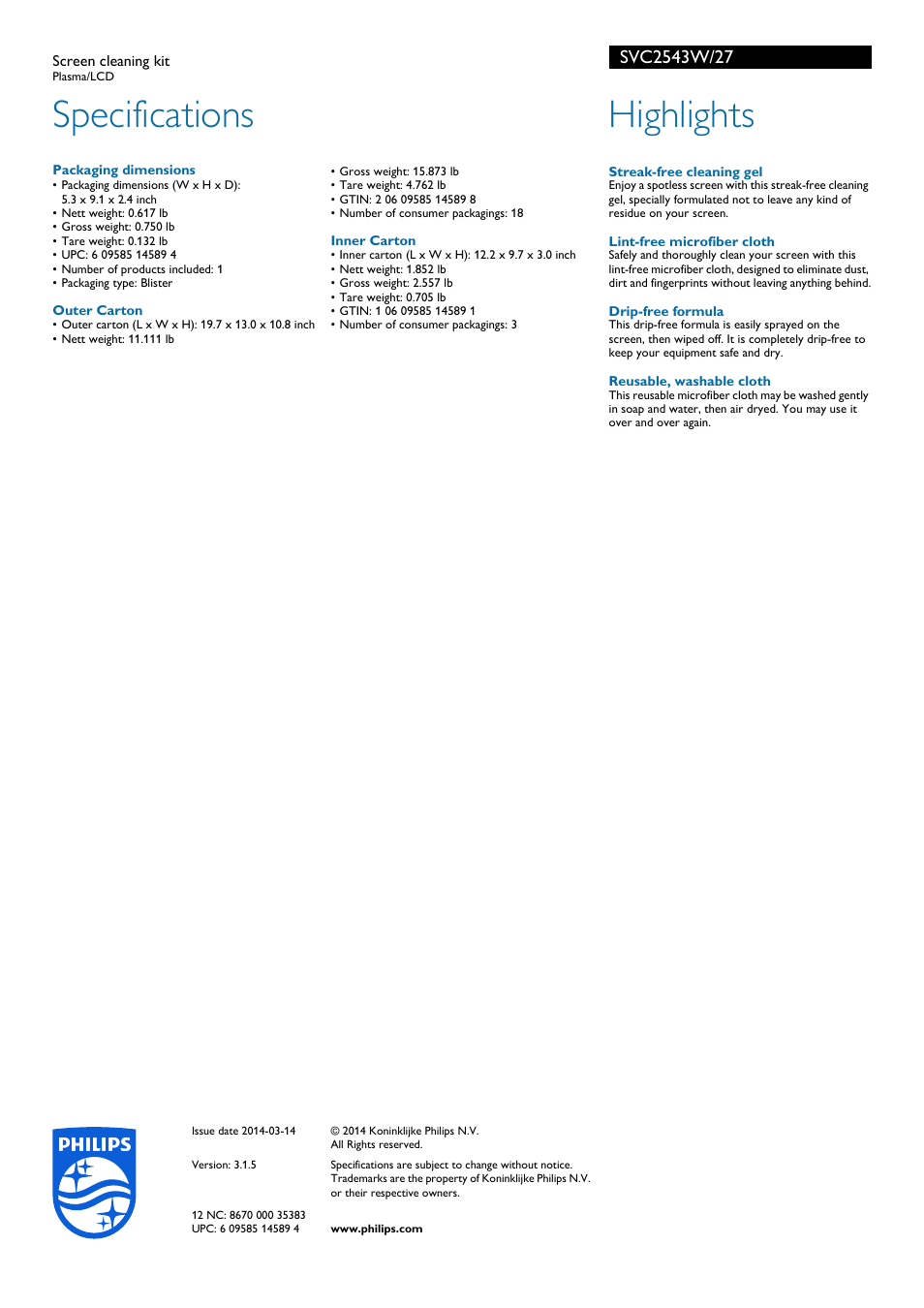 Specifications, Highlights | Philips Screen cleaning kit SVC2543W Plasma-LCD User Manual | Page 2 / 2