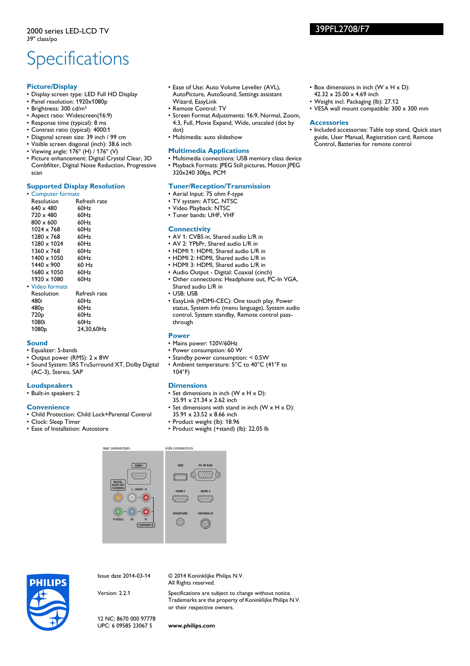 Specifications | Philips 39PFL2708-F7 User Manual | Page 3 / 3