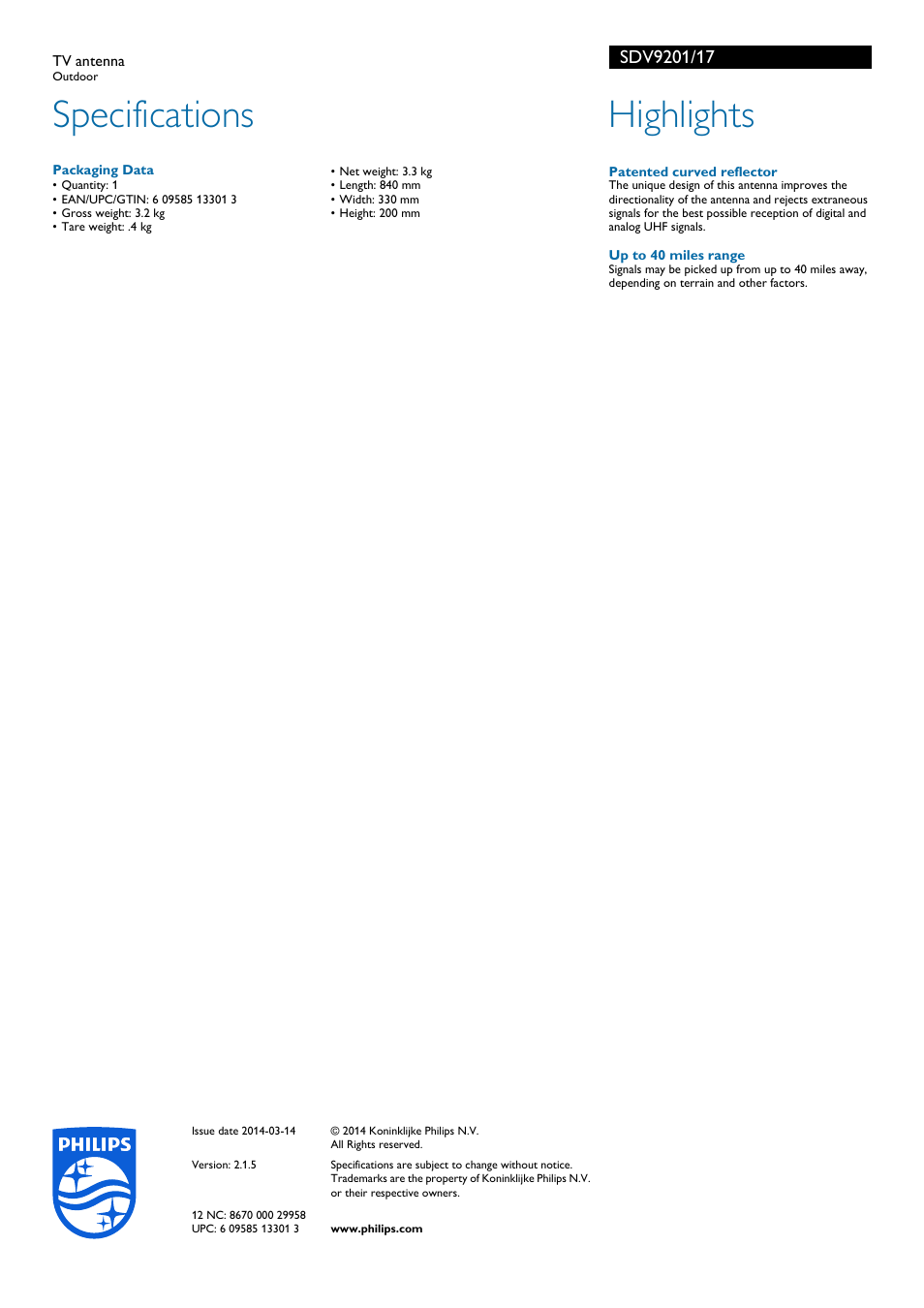 Specifications, Highlights | Philips SDV9201-17 User Manual | Page 2 / 2