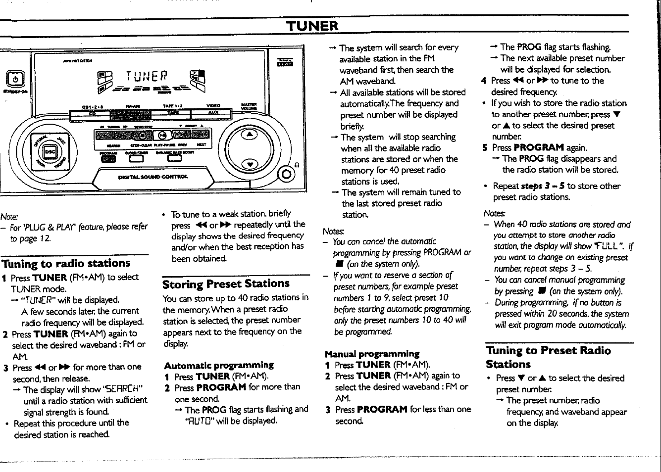Tuner, Tuning to radio stations, Storing preset stations | Tuning to preset radio stations | Philips FWC150 User Manual | Page 17 / 28
