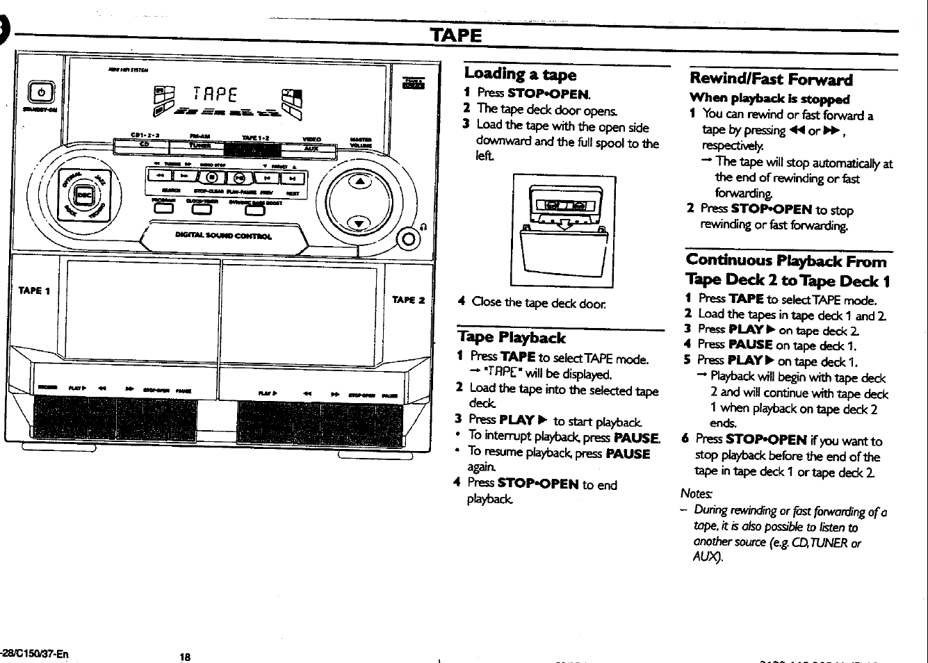 Loading a tape, Tape playback, Rewind/fast forward | Continuous flyback from tape deck 2 to tape deck 1, Tape | Philips FWC150 User Manual | Page 18 / 28