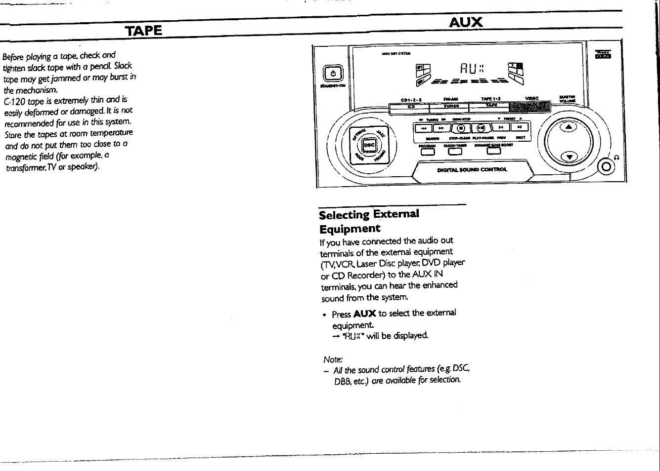 Tape, Selecting external equipment, Tape aux | Philips FWC150 User Manual | Page 19 / 28