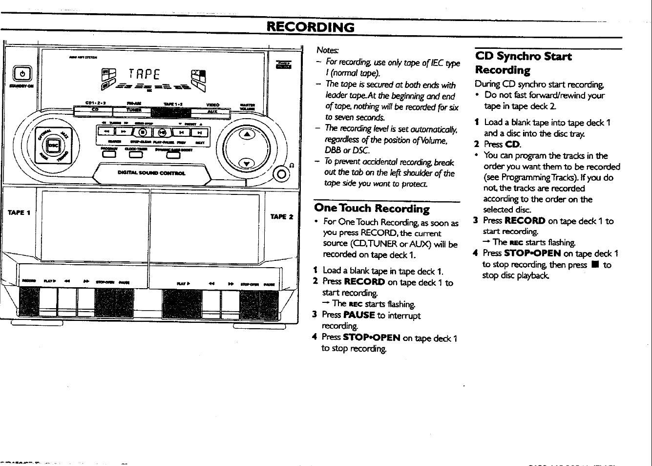 Recording, One touch recording, Cd synchro start recording | Philips FWC150 User Manual | Page 20 / 28